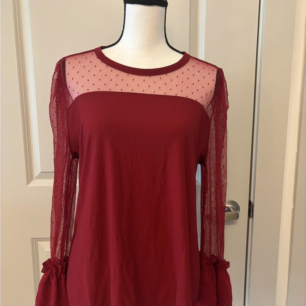 Red sexy romantic sheer sleeve flutter sleeve blouse size XL